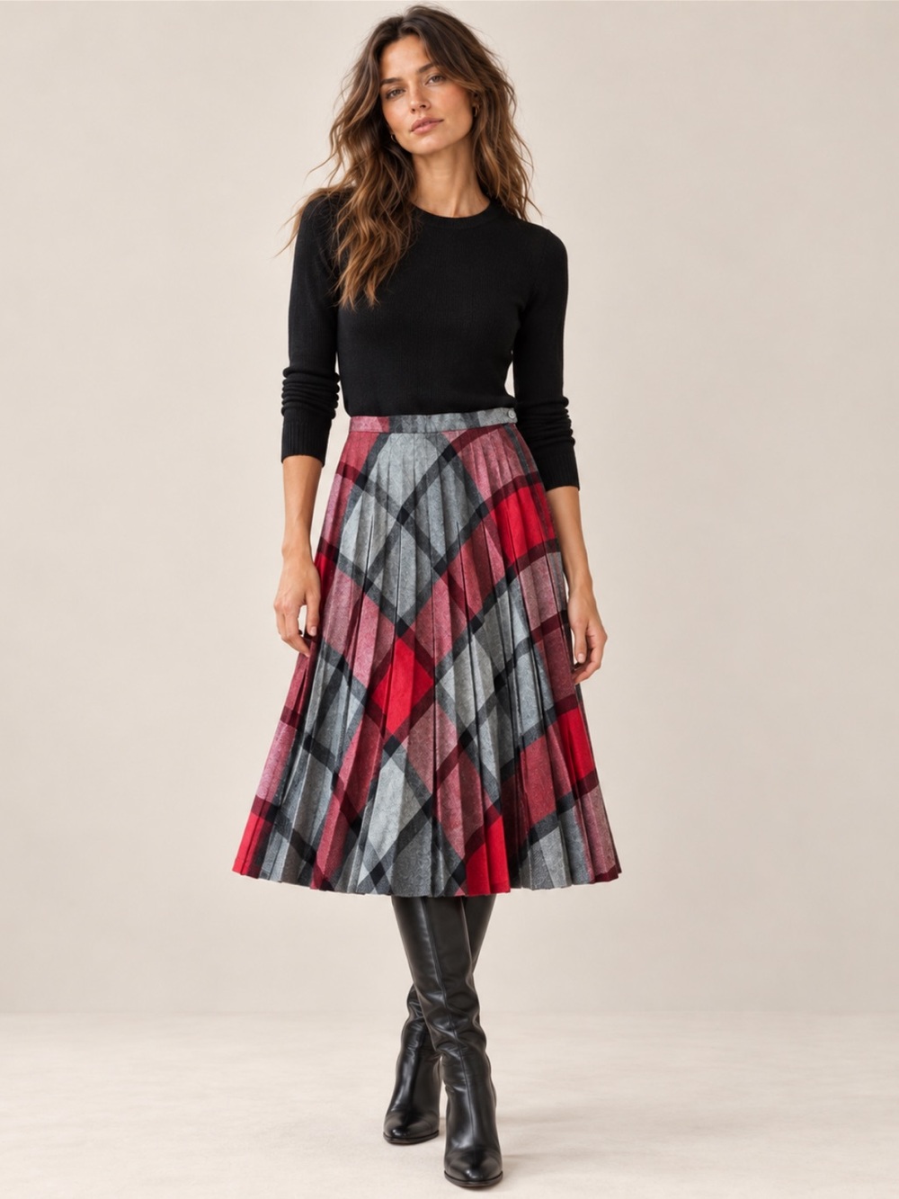 Vintage Allure Canada Wool Blend Plaid Pleated Midi Skirt